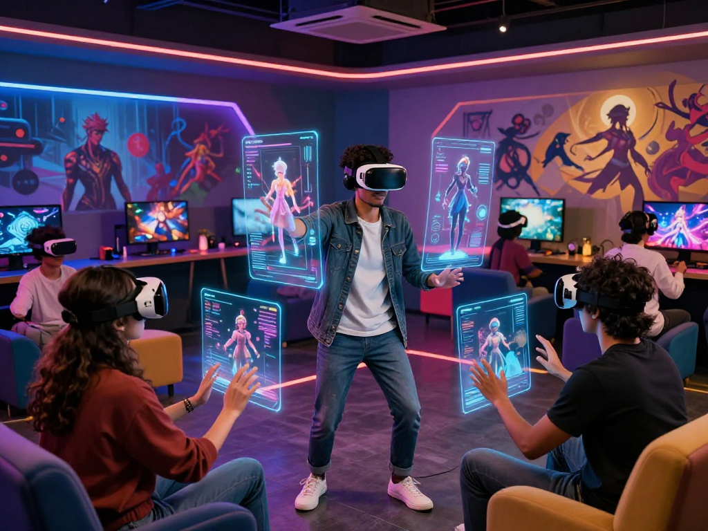 Engaging NSFW AI roleplay scene in a futuristic gaming lounge with diverse participants exploring virtual scenarios.