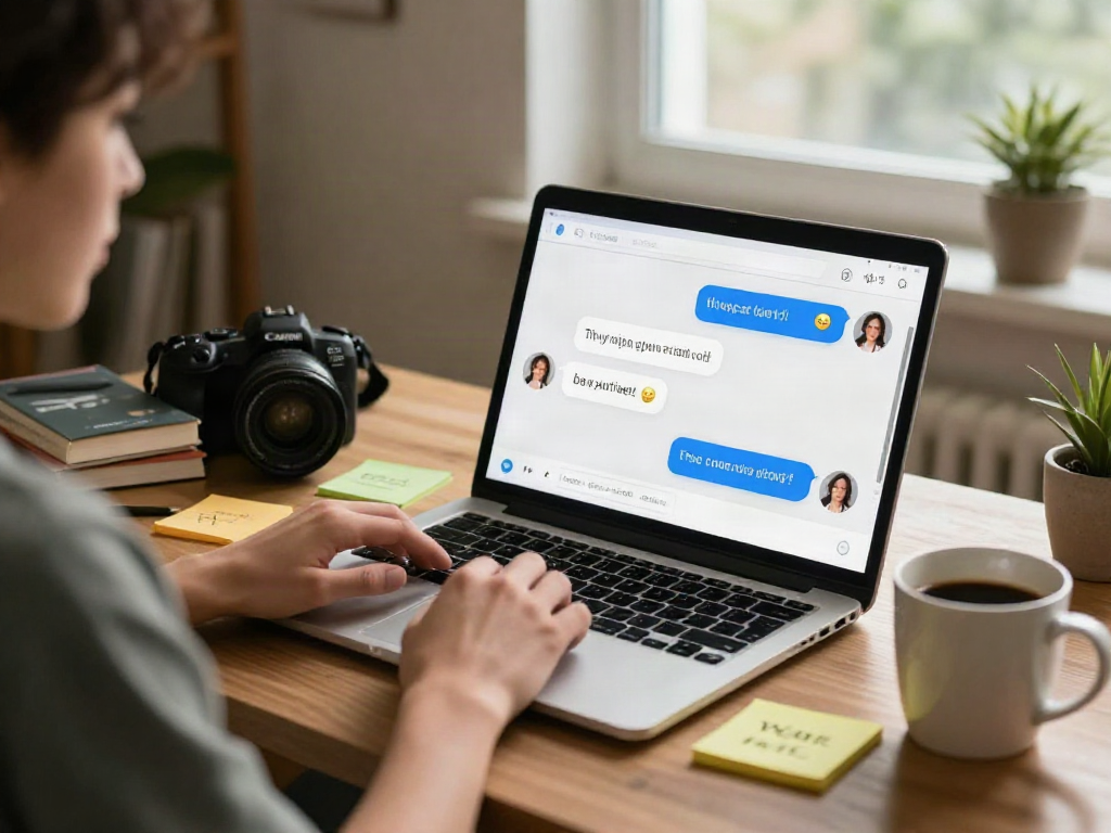 Person engaging in a friendly conversation using spicy chat ai on a stylish laptop in a cozy home office.