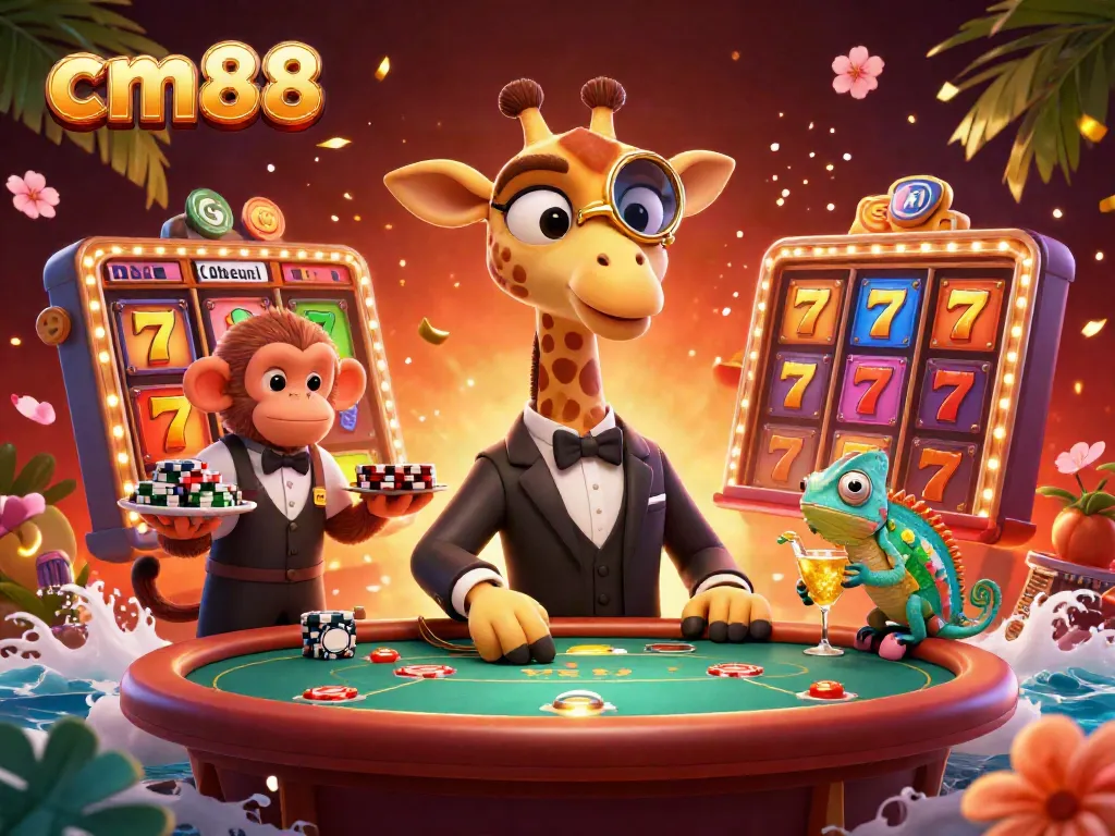 Engage with cm88's vibrant casino atmosphere featuring a high-roller giraffe at a lively poker table.