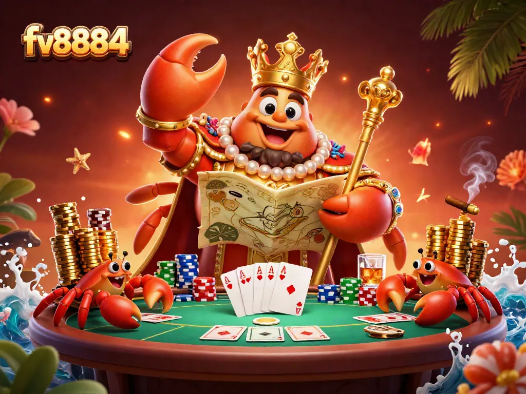 Experience the thrill of poker at fv8884 with a vibrant illustration showcasing an emperor crab with treasures and gaming elements.