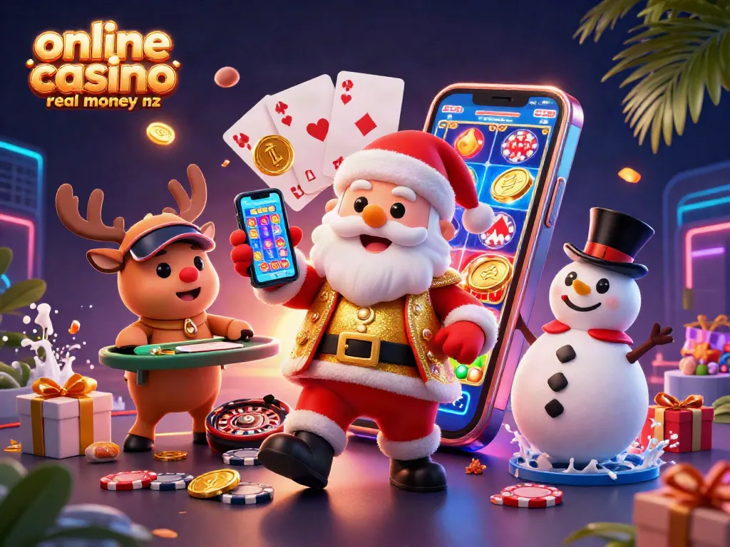 Experience the excitement at online casino real money nz with vibrant game visuals and festive characters.