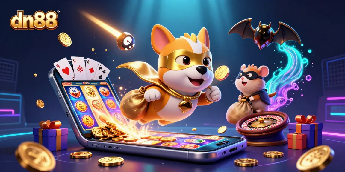 Experience the thrill of dn88 with a superhero dog and hamster amidst vibrant casino elements.