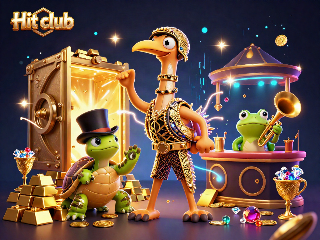 Interact with the Hit club's dynamic 3D atmosphere featuring treasure, vibrant characters, and casino excitement.
