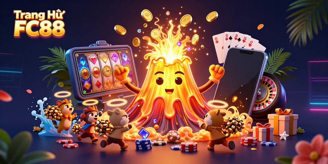 Experience the excitement of Trang Chủ FC88 with a volcano erupting coins, magical game elements, and treasure-hunting animals.