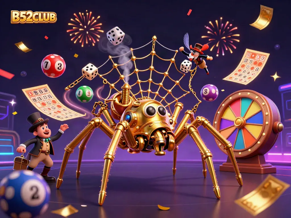 B52CLUB's vibrant 3D illustration showcasing a steampunk spider webbing golden chains, capturing dice amidst lively lottery elements.