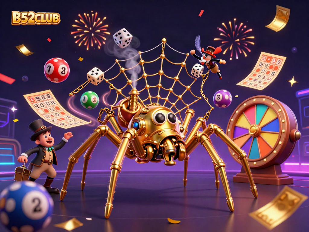 B52CLUB's vibrant 3D illustration showcasing a steampunk spider webbing golden chains, capturing dice amidst lively lottery elements.
