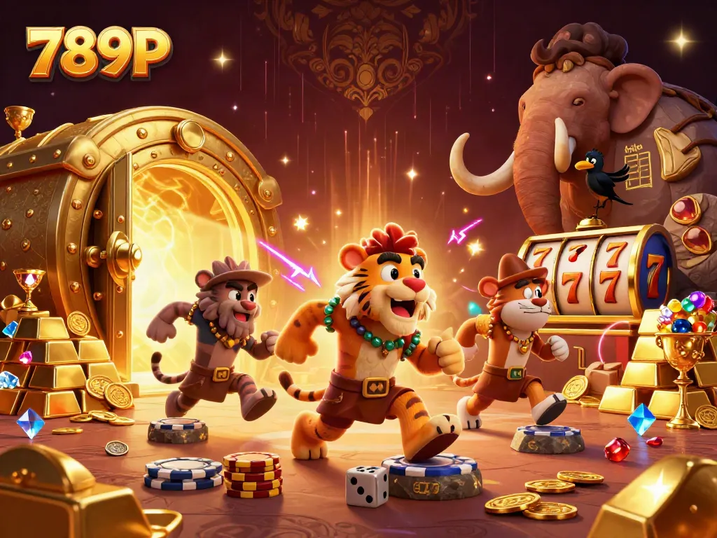 Experience exciting wins at 789P with dynamic gaming action, featuring caveman and tiger characters in a casino.