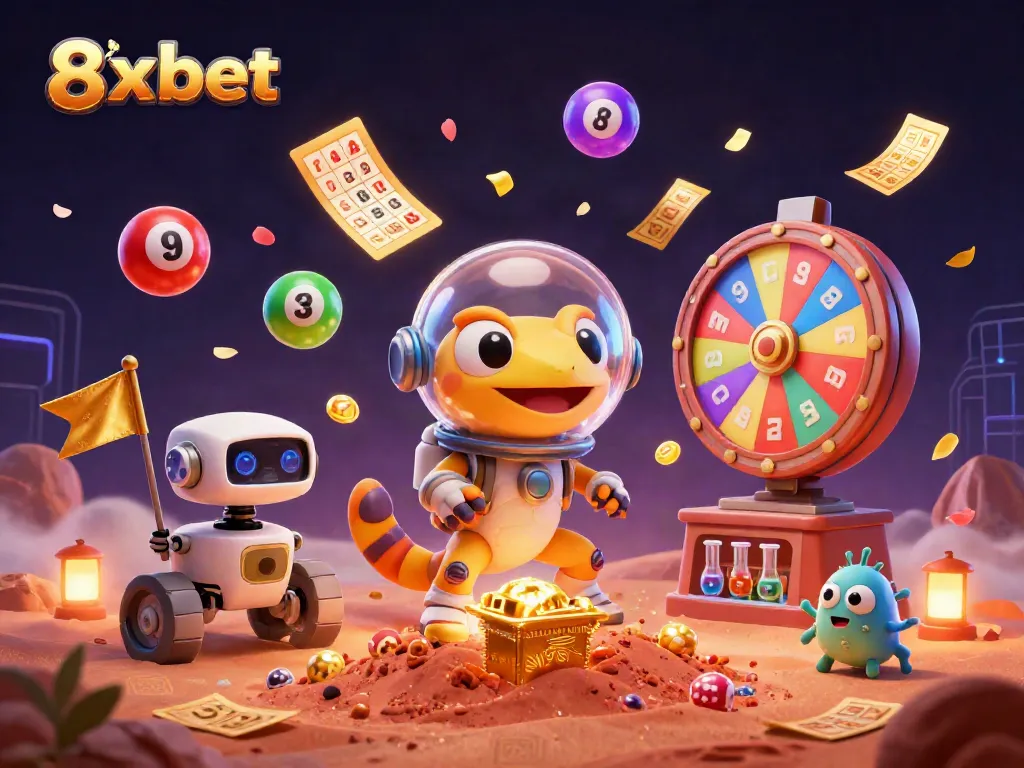 8xbet showcases a vibrant, animated casino scene with lottery elements and a playful Martian gecko character.