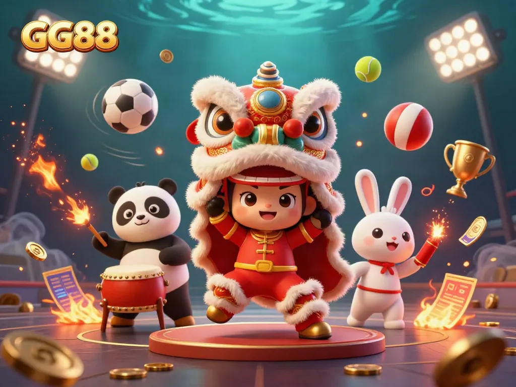 GG88 lion dance scene enveloped in vibrant gaming elements, capturing the excitement of online betting.