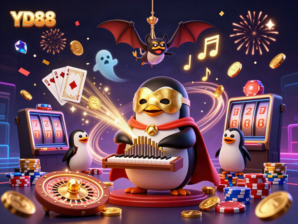 Experience winning with YD88 in this vibrant casino-themed illustration featuring animated characters.