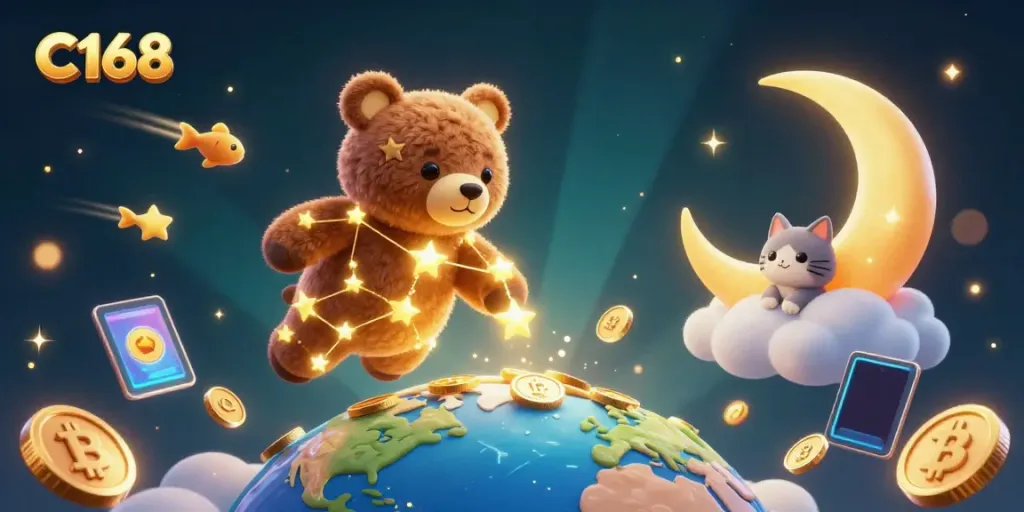 Experience the thrilling world of C168 with a cartoon constellation bear and gold coin rewards in a dynamic casino scene.
