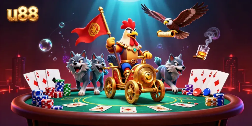 Experience the thrill of u88 with a vibrant illustration showcasing a rooster warlord in a golden chariot, surrounded by poker elements.