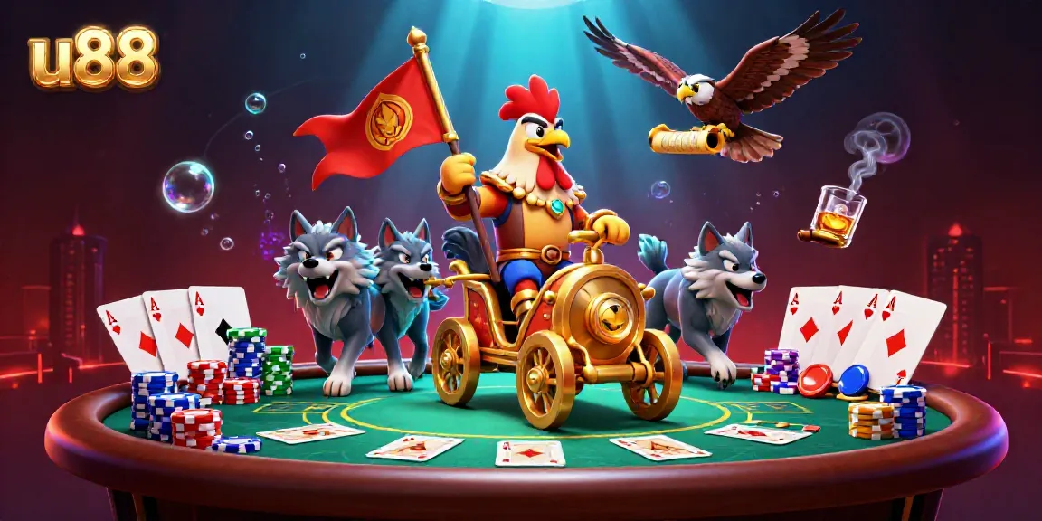 Experience the thrill of u88 with a vibrant illustration showcasing a rooster warlord in a golden chariot, surrounded by poker elements.