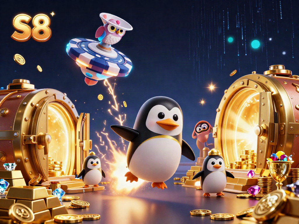 Witness the S8 rocket-powered penguin soaring toward a vibrant casino space station.