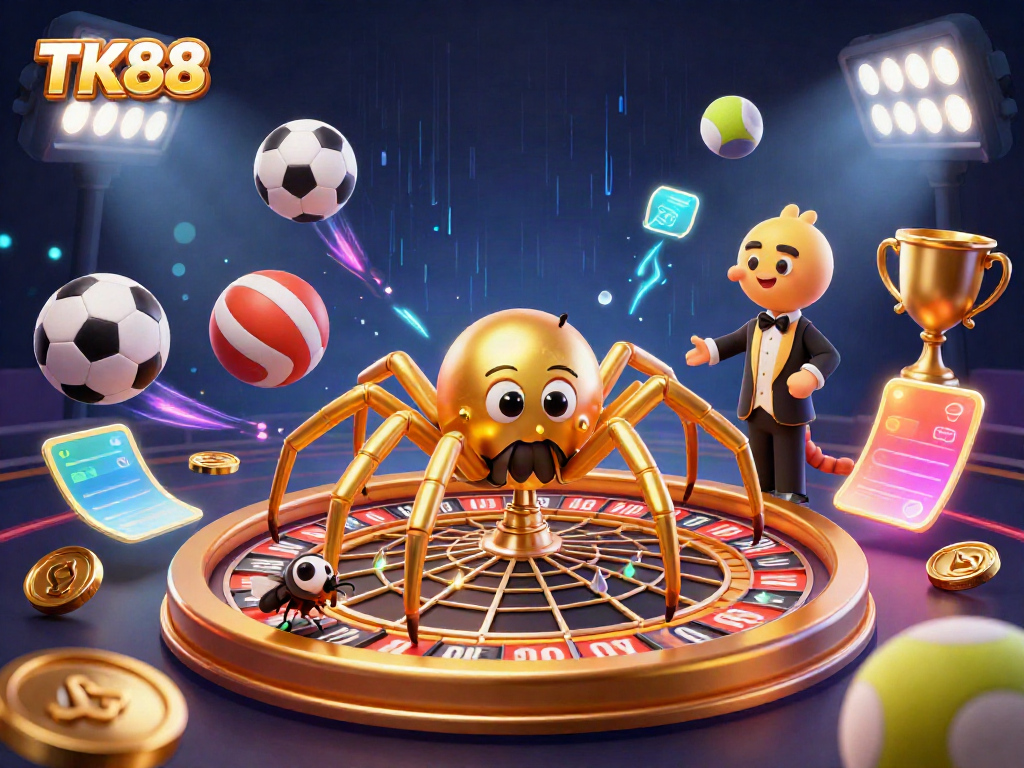 Engage in thrilling gameplay at TK88 with a mesmerizing roulette wheel web and animated sports elements.