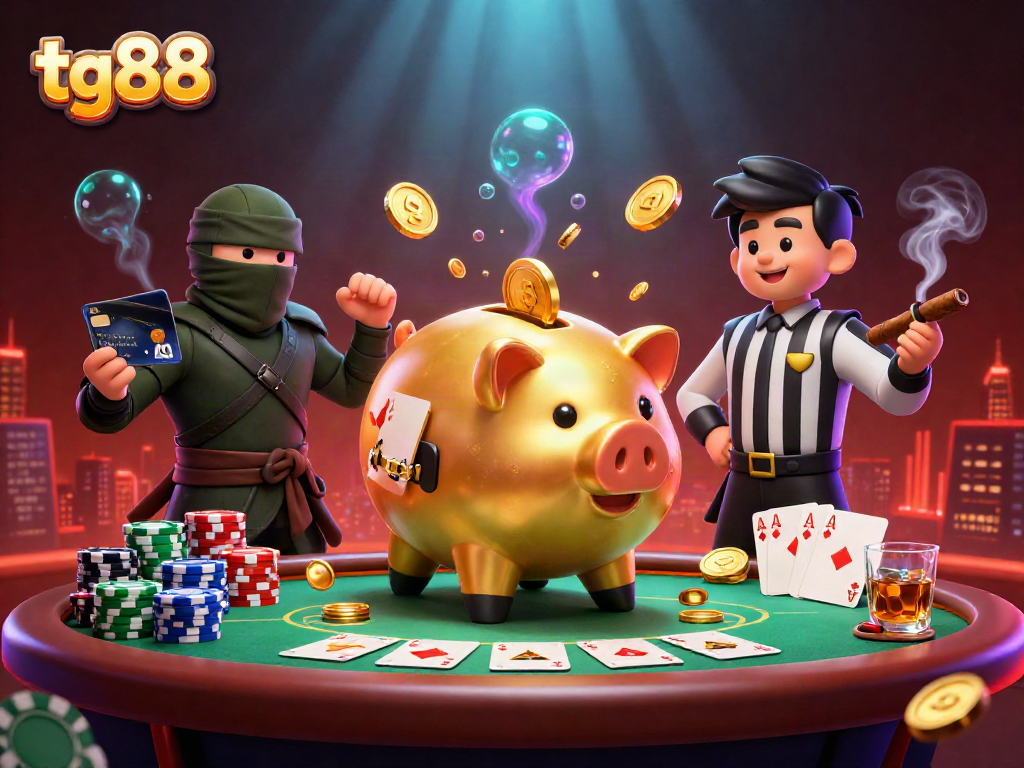 Experience tg88 winning moments with a golden piggy bank warrior amidst thrilling poker action.