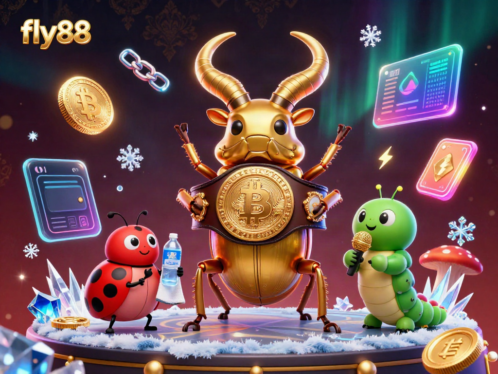 Engage with fly88's vibrant casino world where a golden stag beetle faces off, sparkles surrounding crypto elements.