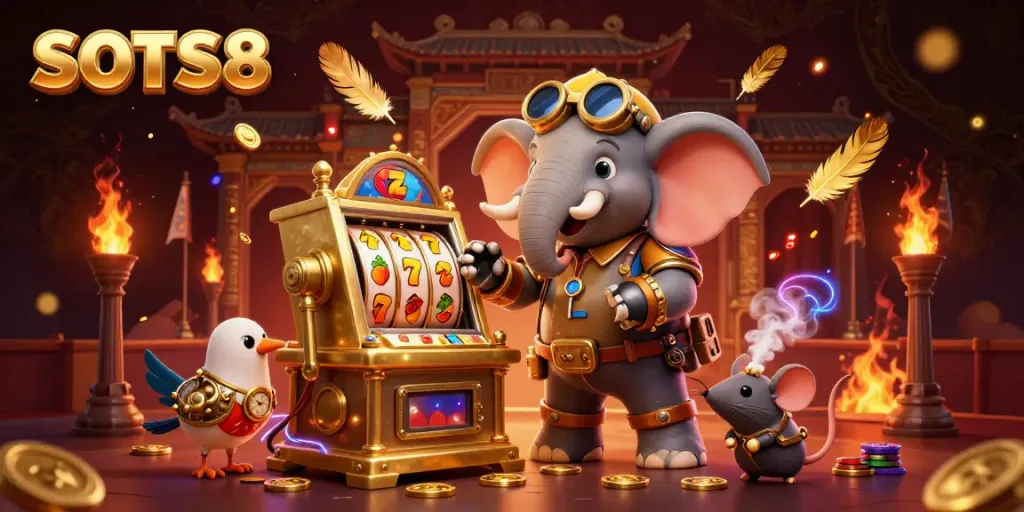 Enjoy exciting gameplay at SLOTS8 with a 3D steampunk elephant at a golden slot machine.