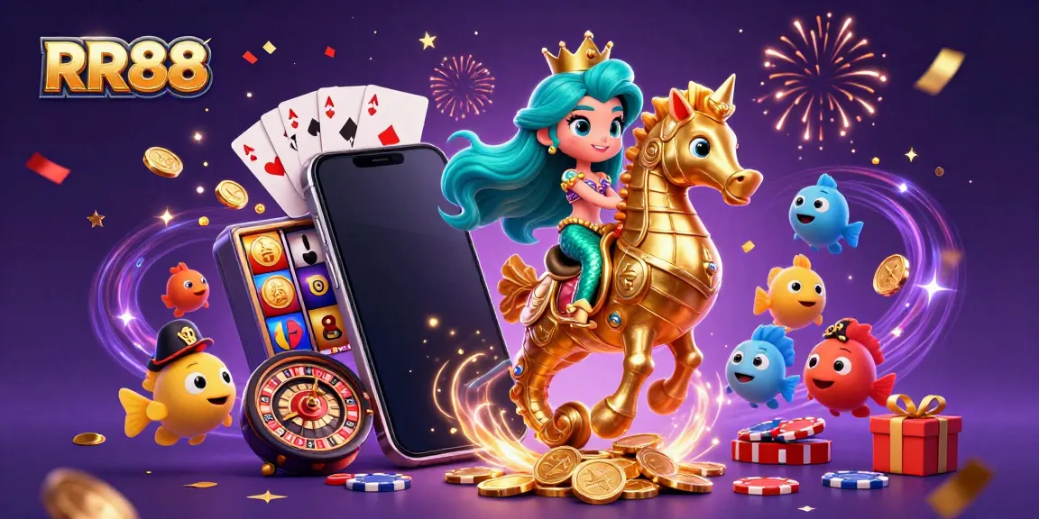 Experience the excitement of RR88 with a 3D mermaid and seahorse amid vibrant casino elements.