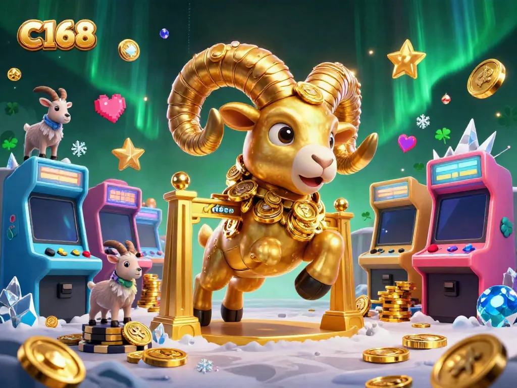 C168 engages players with a lively scene of a golden ram charging at slots amid colorful arcade elements.