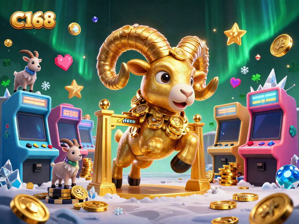 C168 engages players with a lively scene of a golden ram charging at slots amid colorful arcade elements.