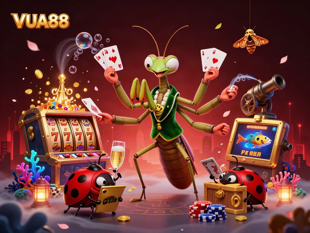 Experience the thrill of VUA88 with a vibrant casino scene featuring dynamic characters and exciting games.