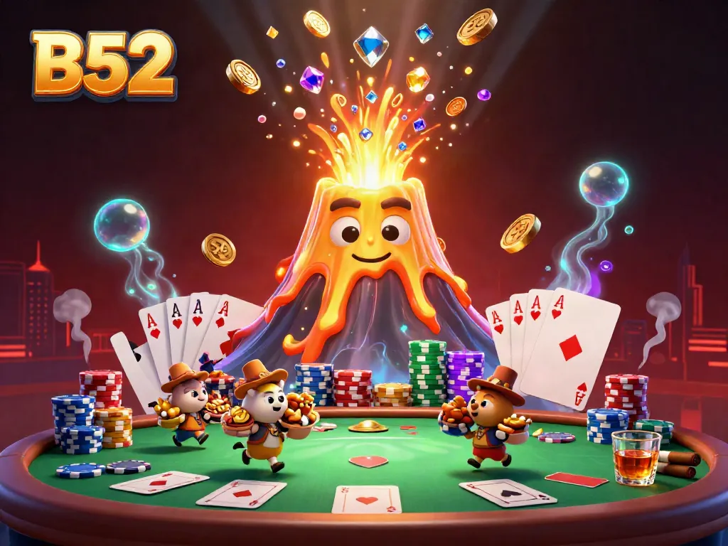 Engage with B52's thrilling casino atmosphere featuring a golden volcano and poker elements.