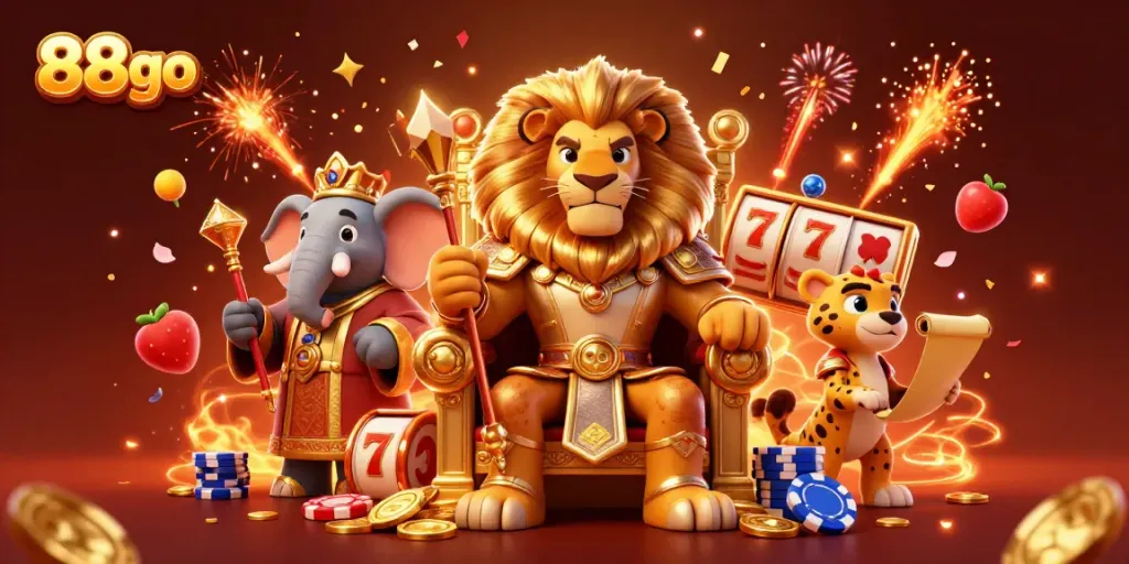 Experience the excitement of 88go with a striking illustration showcasing casino games surrounded by vibrant characters.