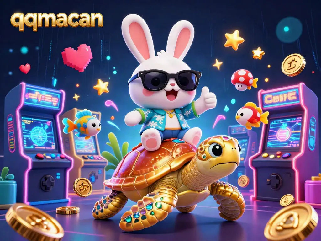 Play exciting games at qqmacan with the lucky rabbit and golden turtle in a vibrant casino scene.