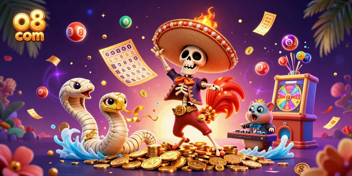 Engaging scene of colorful characters celebrating with gold coins and lottery elements, highlighting o8 com's entertainment.